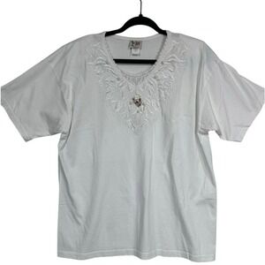 Vintage Cactus California Women's Beaded Lace Floral Applique Top Ivory White XL